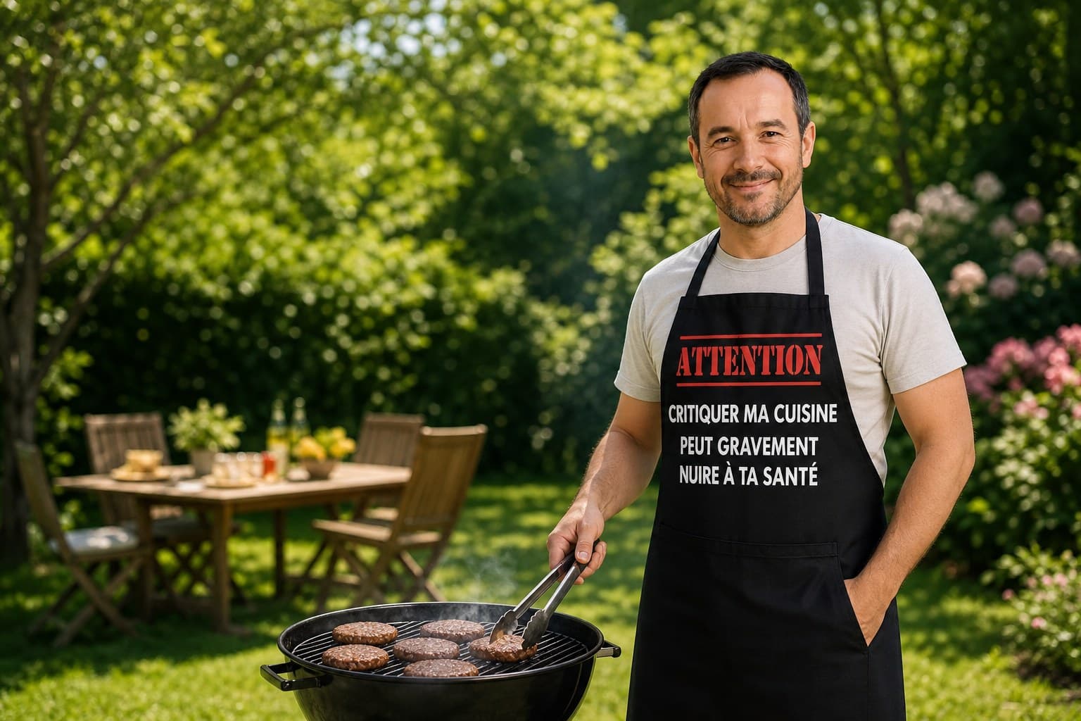 Personne au barbecue portant un tablier « Critiquer ma cuisine »